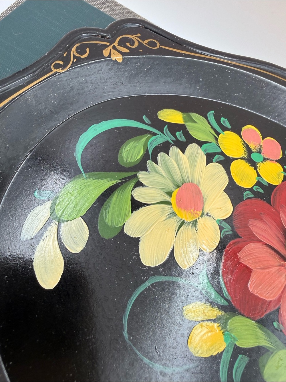 Vintage Russian Hand Painted Floral Flowers Toleware Black Serving Tray 7x6 - Picture 4 of 11